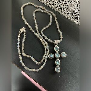 Doug Paulus India Sterling Silver 925 Labradorite Cross Pendant Bead Necklace